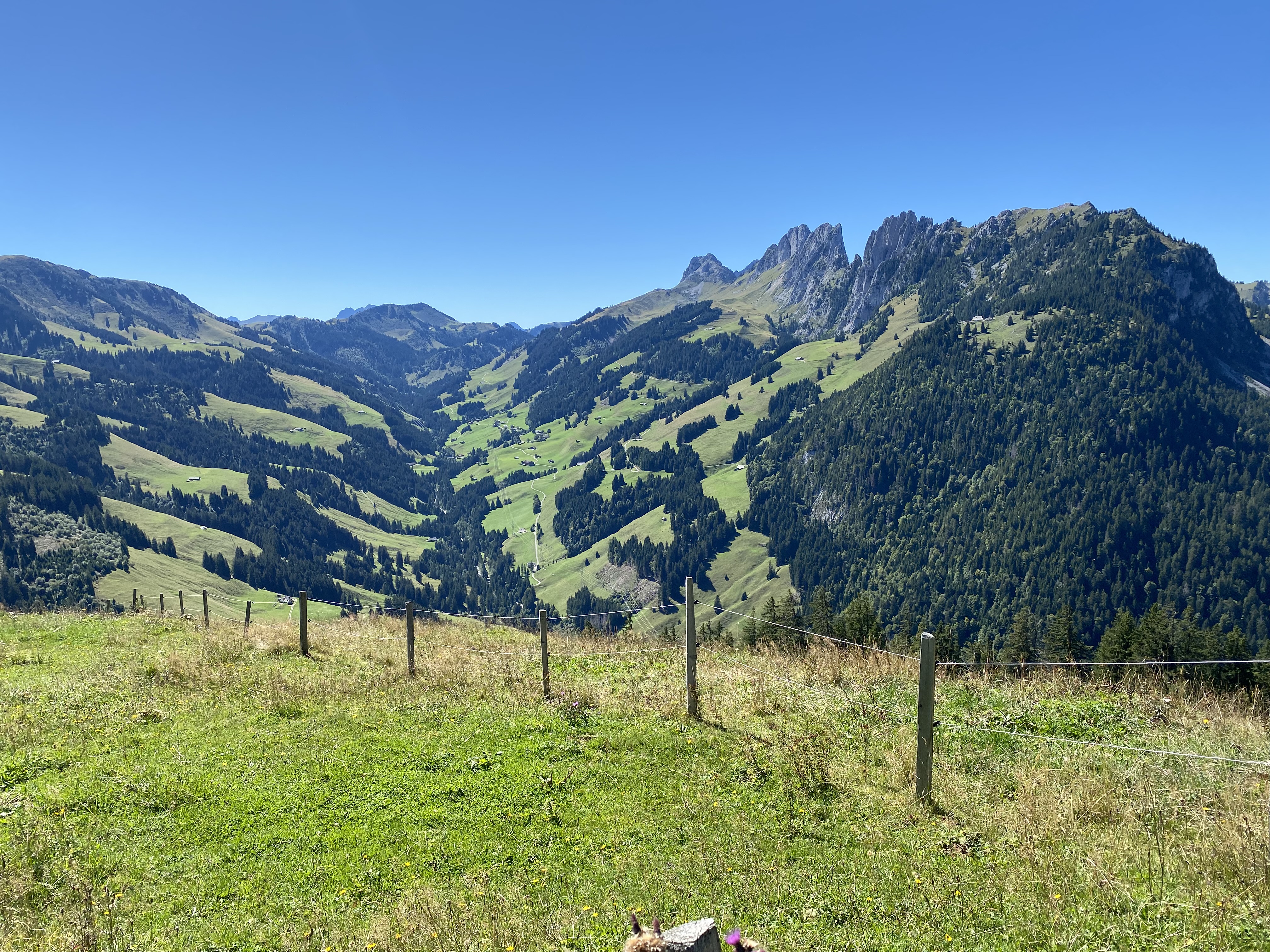 Vue sur Abländschen au fond de la vallée, sur la Wandflue et sur les Gastlosen avec le chalet Grat sur la droite